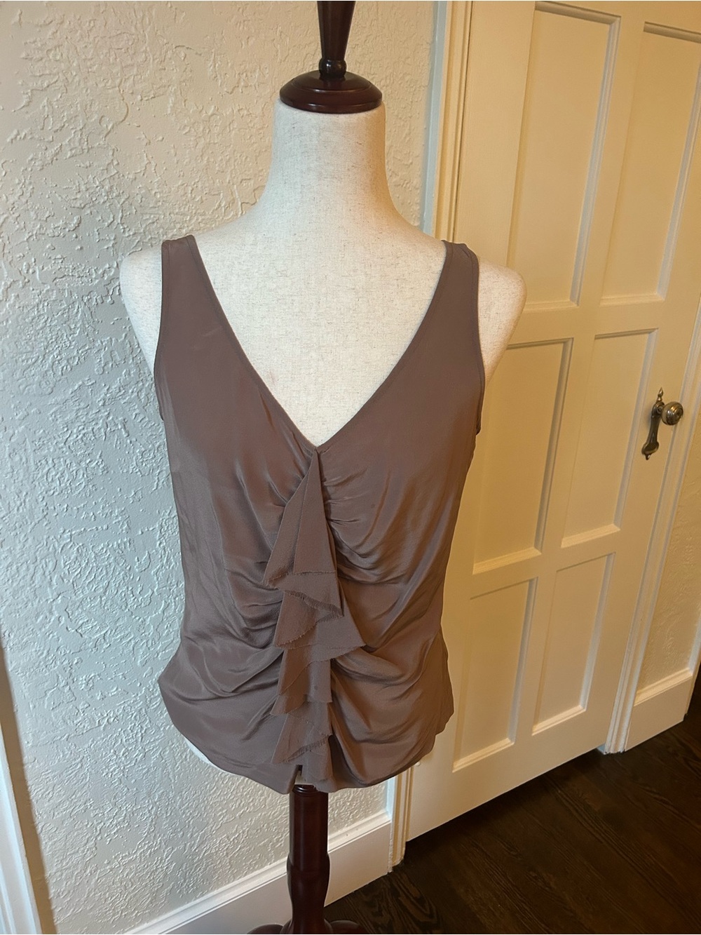 J. Crew Silk Taupe Ruffle-Front V-Neck Top